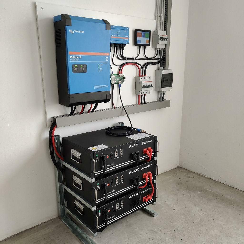 Blue solar inverter mounted on wall above three stacked black lithium battery units connected with cables
